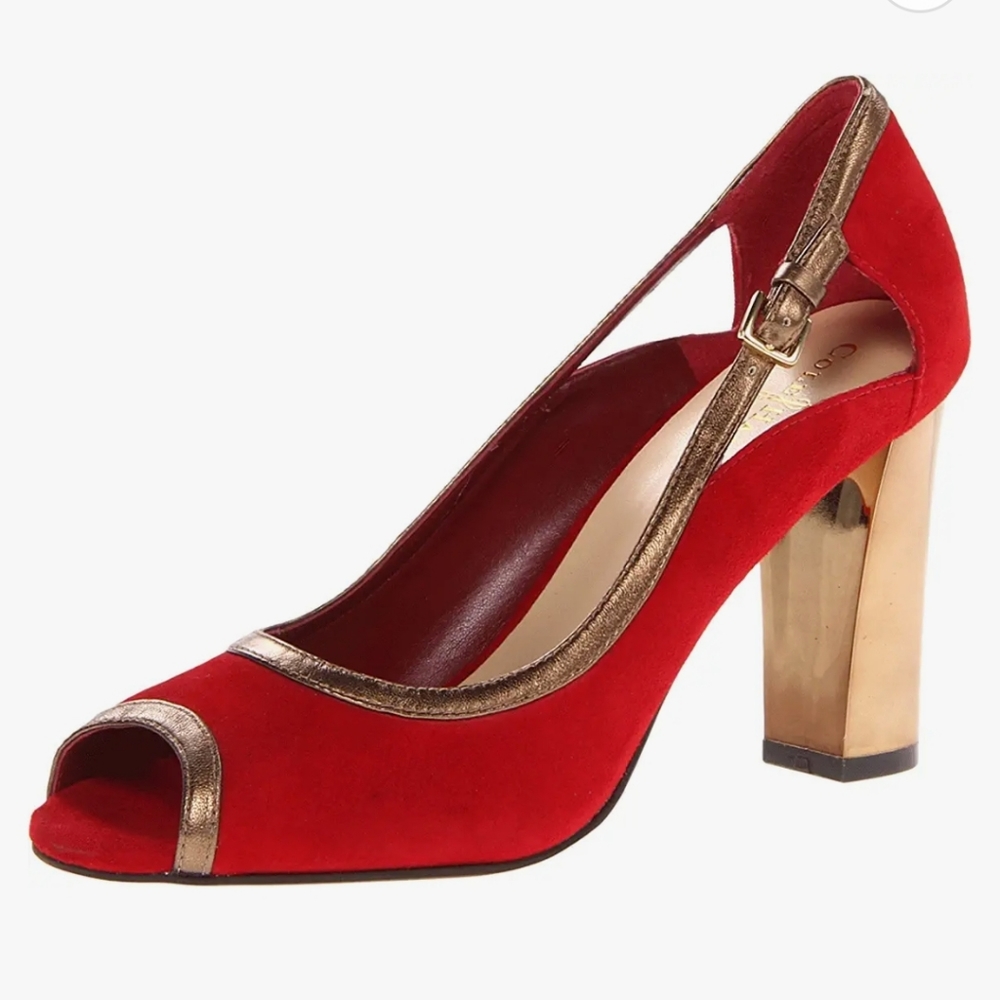 Cole Haan Corinne Peep Toe Pump Red Suede Old Gold Size 7